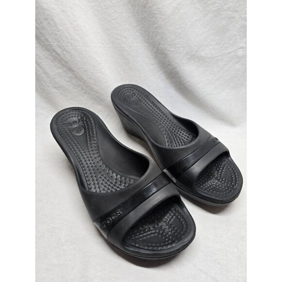 Crocs Sassari Shoes Wedge Heels Womens Size 8 Open Toe Slide Sandals Black - Picture 1 of 11